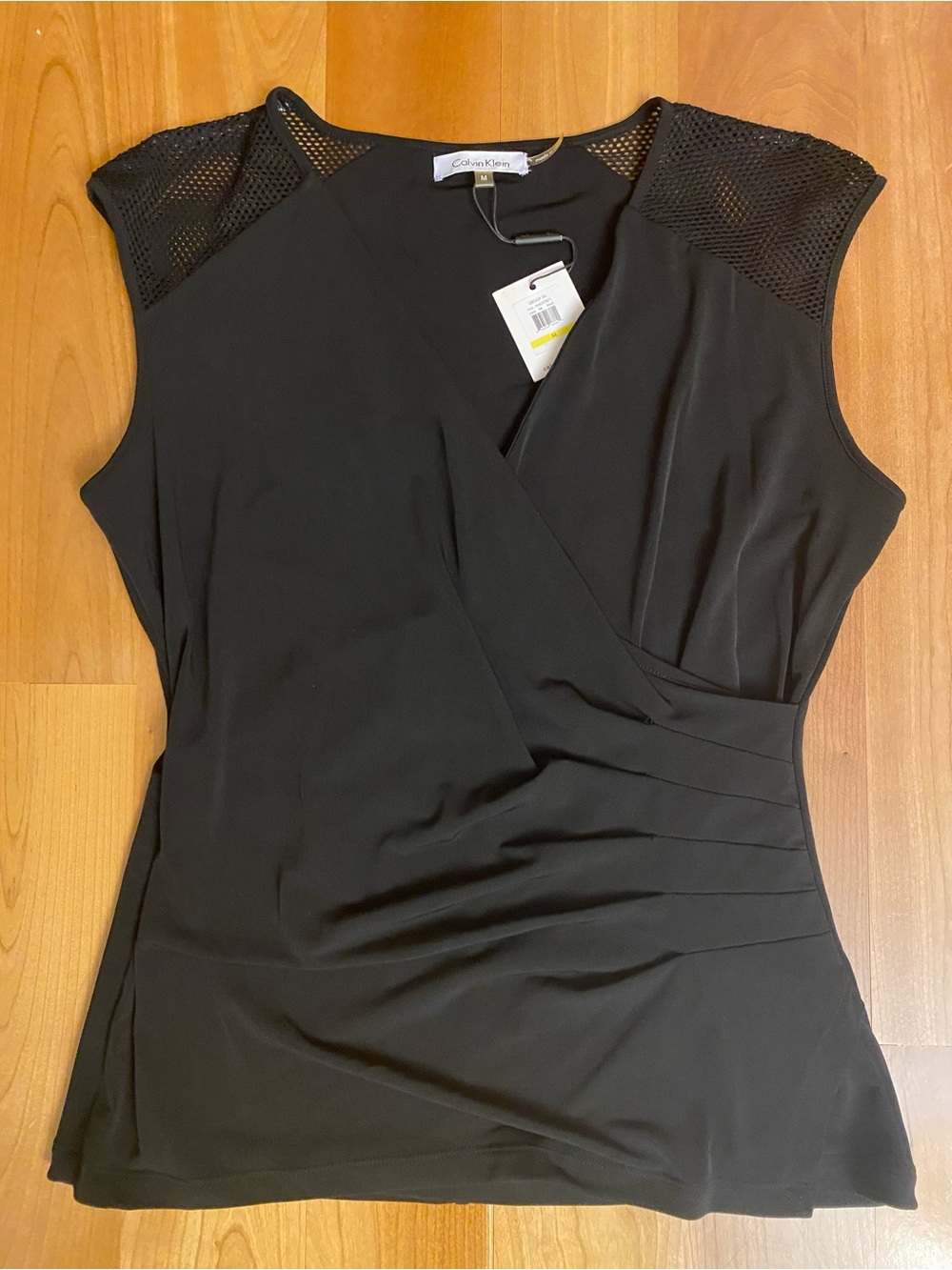 NWT Calvin Klein Mesh-Shoulder Wrap-Front Top